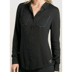 Harley-Davidson Women's Black Stretch Long Sleeve Button up Shirt Size XL Rayon